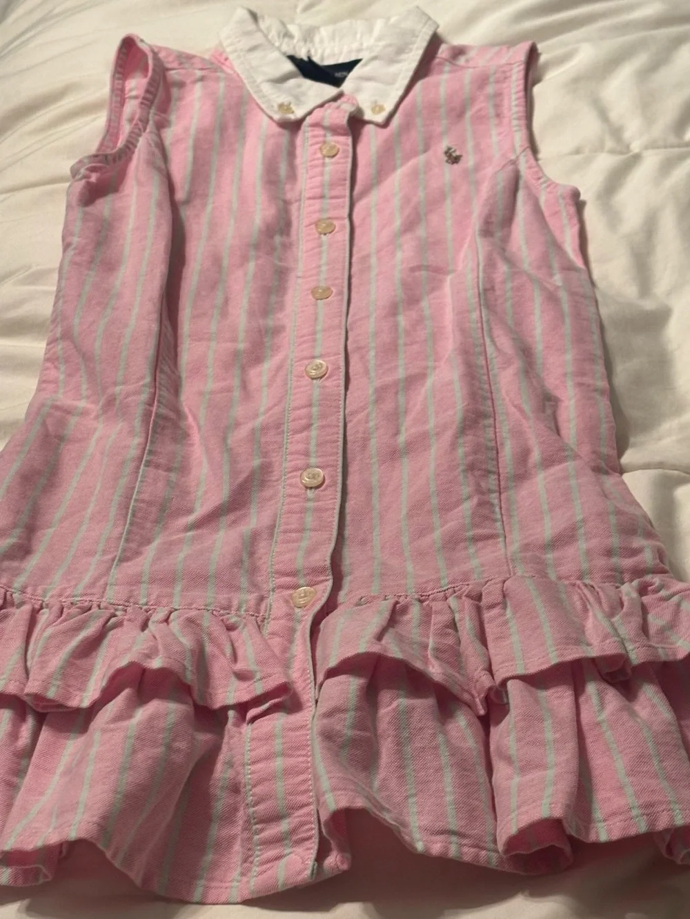 Ralph Lauren Pink and Light Blue Striped Sleeveless Ruffle Dress